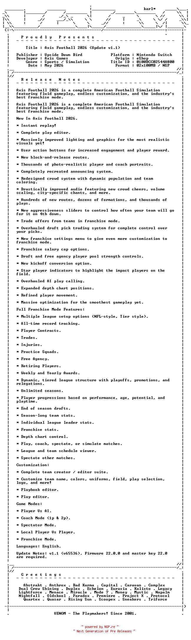 NFO for the release Axis_Football_2026_Update_v1.1_NSW-VENOM by VENOM