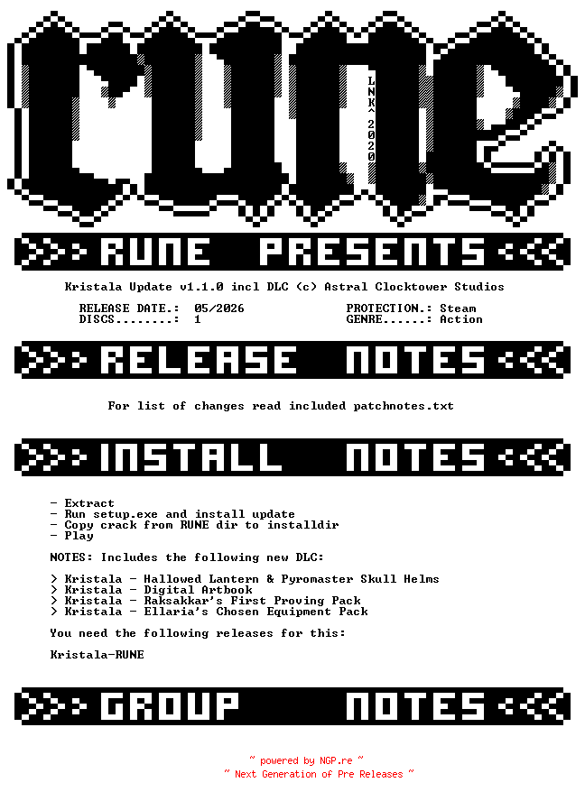 NFO for the release Kristala.Update.v1.1.0.incl.DLC-RUNE by RUNE