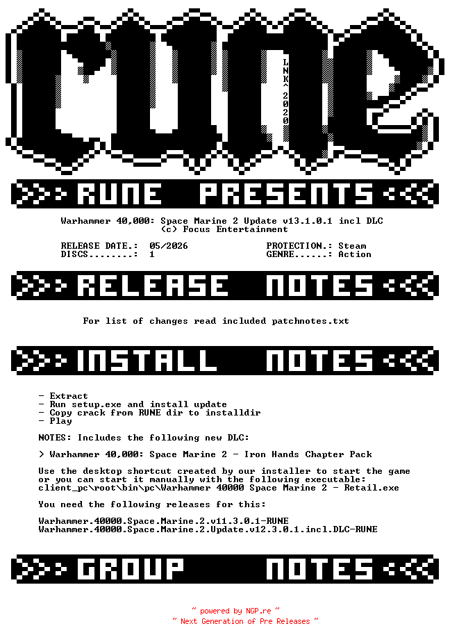 NFO for the release Warhammer.40000.Space.Marine.2.Update.v13.1.0.1.incl.DLC-RUNE by RUNE