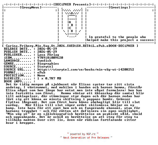 NFO for the release Carina.Friberg.Min.Vag.Ut.2026.SWEDiSH.RETAiL.ePub.eBOOK-DECiPHER by DECiPHER