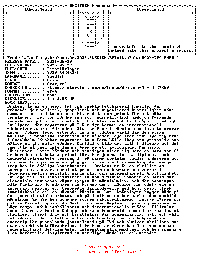 NFO for the release Fredrik.Lundberg.Drakens.Ar.2026.SWEDiSH.RETAiL.ePub.eBOOK-DECiPHER by DECiPHER