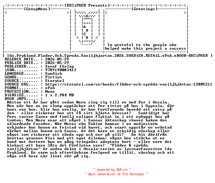 NFO for the release Ida.Fryklund.Flader.Och.Sproda.Vaniljhjartan.2026.SWEDiSH.RETAiL.ePub.eBOOK-DECiPHER by DECiPHER