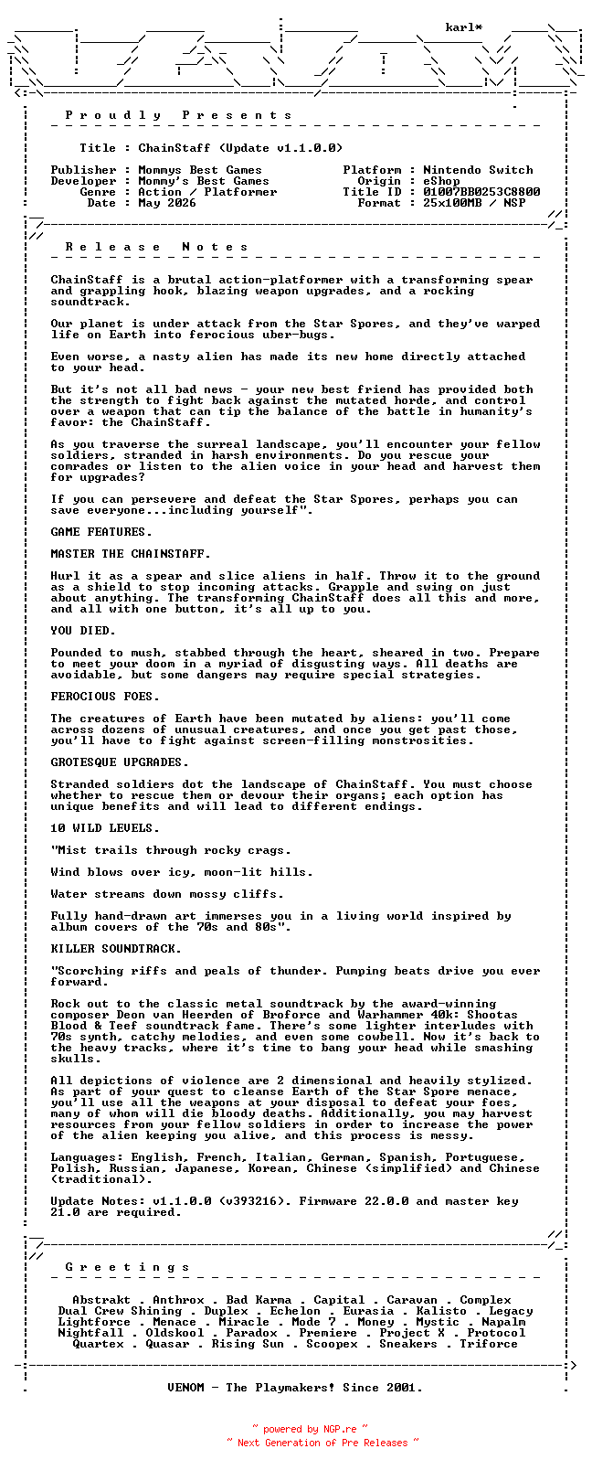 NFO for the release ChainStaff_Update_v1.1.0.0_NSW-VENOM by VENOM