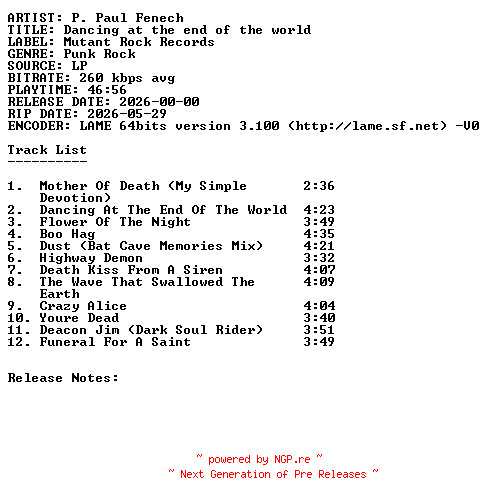 NFO for the release P._Paul_Fenech-Dancing_At_The_End_Of_The_World-Vinyl-2026-SDR by SDR