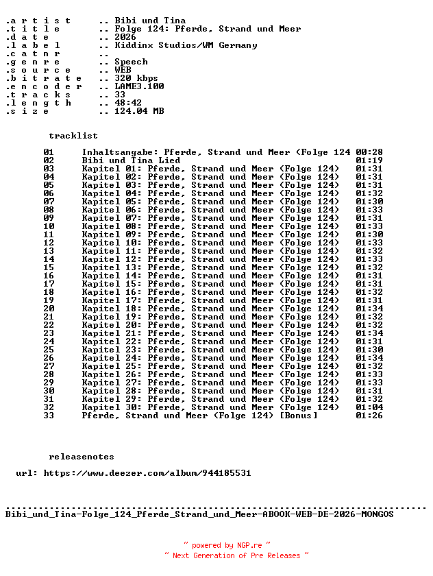 NFO for the release Bibi_und_Tina-Folge_124_Pferde_Strand_und_Meer-ABOOK-WEB-DE-2026-MONGOS by MONGOS