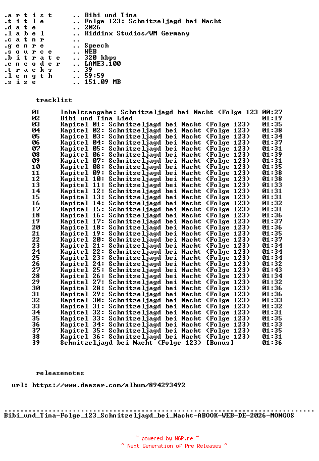 NFO for the release Bibi_und_Tina-Folge_123_Schnitzeljagd_bei_Nacht-ABOOK-WEB-DE-2026-MONGOS by MONGOS