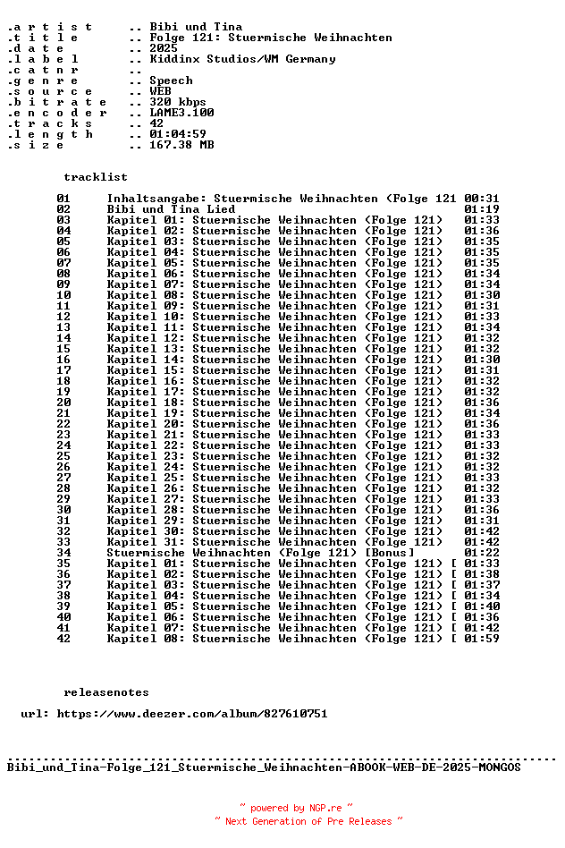 NFO for the release Bibi_und_Tina-Folge_121_Stuermische_Weihnachten-ABOOK-WEB-DE-2025-MONGOS by MONGOS