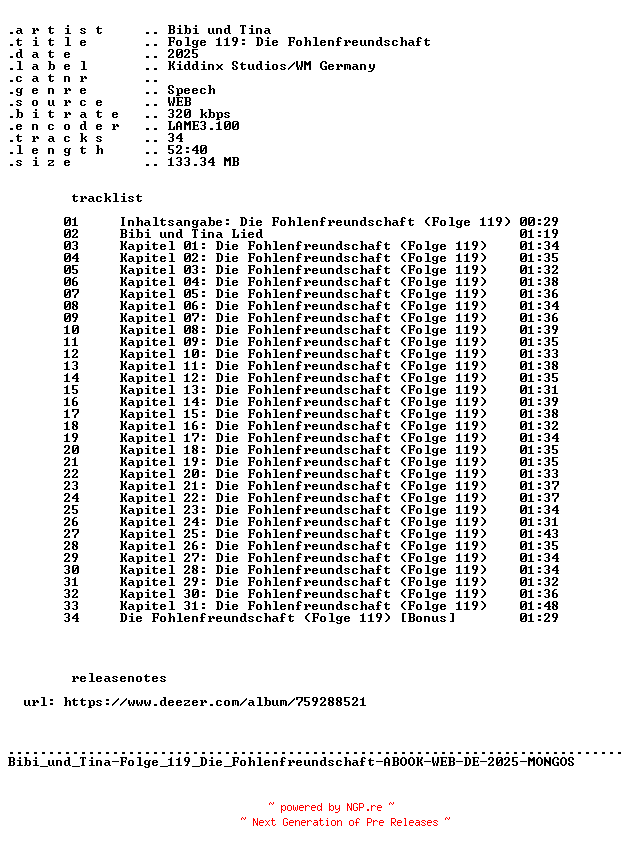 NFO for the release Bibi_und_Tina-Folge_119_Die_Fohlenfreundschaft-ABOOK-WEB-DE-2025-MONGOS by MONGOS