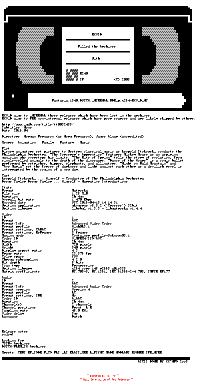 NFO for the release Fantasia.1940.DUTCH.iNTERNAL.BDRip.x264-EXViDiNT by EXViDiNT