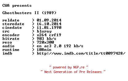 NFO for the release Ghostbusters.II.1989.German.BDRip.x264.iNTERNAL-CWA by CWA