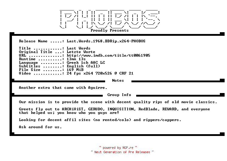 NFO for the release Last.Words.1968.BDRip.x264-PHOBOS by PHOBOS