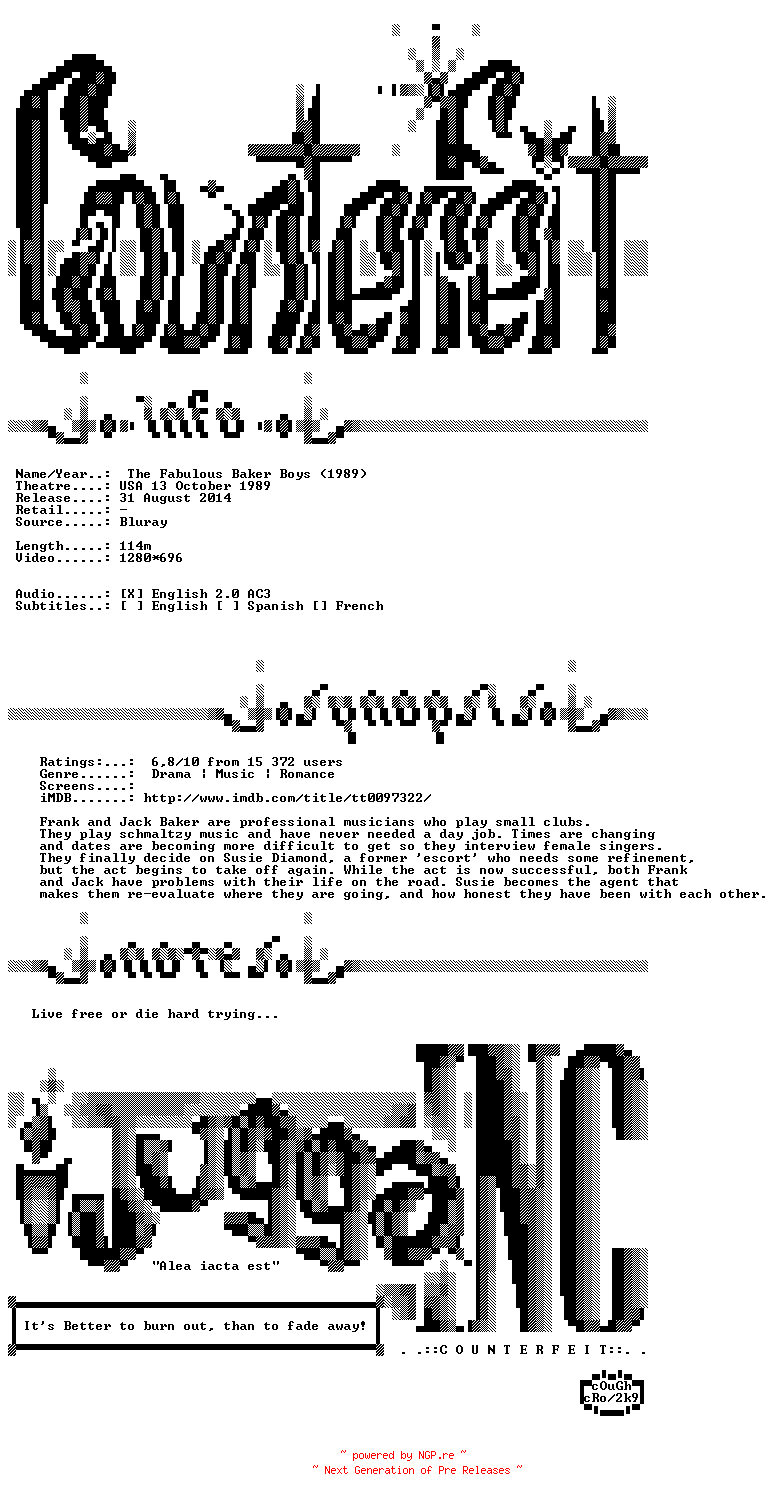 NFO for the release The.Fabulous.Baker.Boys.1989.720p.BluRay.x264-Counterfeit by Counterfeit