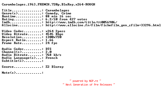 NFO for the release Carambolages.1963.FRENCH.720p.BluRay.x264-ROUGH by ROUGH