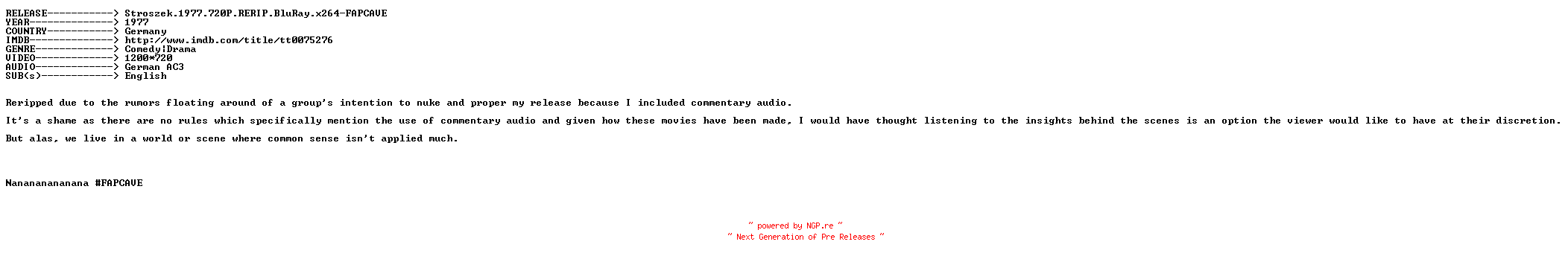 NFO for the release Stroszek.1977.720P.RERIP.READNFO.BluRay.x264-FAPCAVE by FAPCAVE