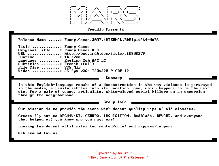 NFO for the release Funny.Games.2007.iNTERNAL.BDRip.x264-MARS by MARS
