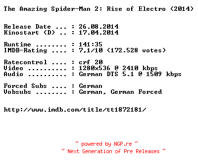 NFO for the release The.Amazing.Spider.Man.2.Rise.of.Electro.German.720p.BluRay.x264-EXQUiSiTE by EXQUiSiTE