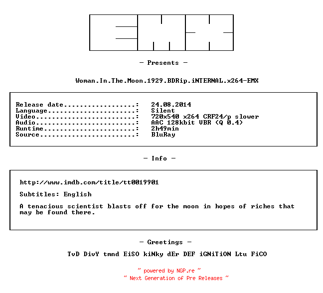 NFO for the release Woman.In.The.Moon.1929.BDRip.iNTERNAL.x264-EMX by EMX