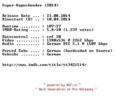 NFO for the release Super.Hypochonder.German.720p.BluRay.x264-EXQUiSiTE by EXQUiSiTE