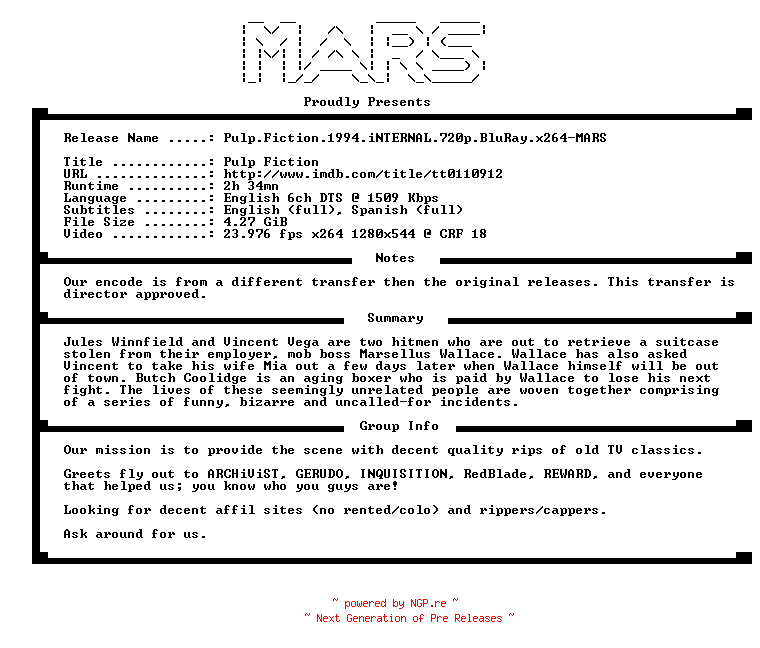 NFO for the release Pulp.Fiction.1994.iNTERNAL.720p.BluRay.x264-MARS by MARS