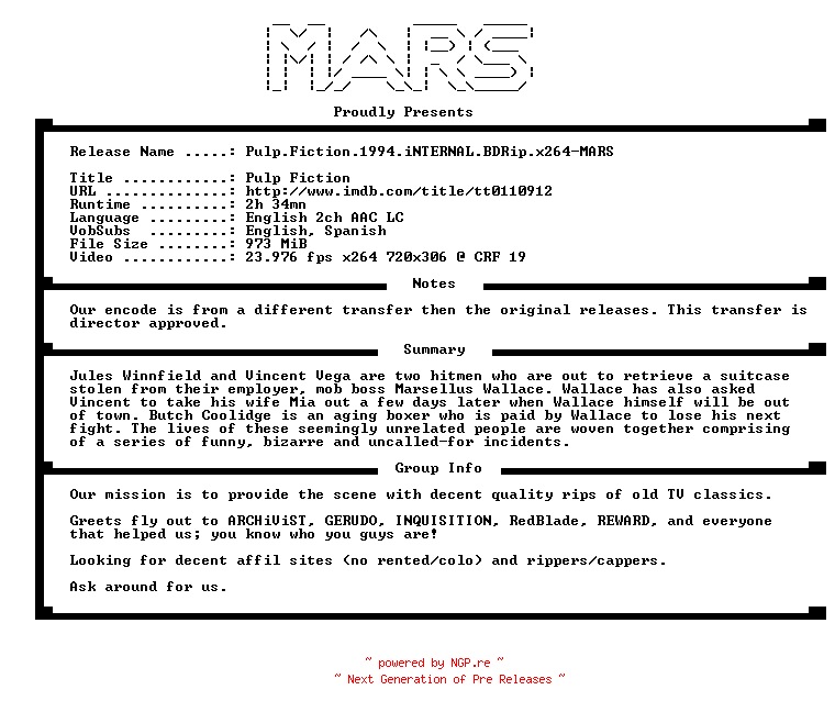 NFO for the release Pulp.Fiction.1994.iNTERNAL.BDRip.x264-MARS by MARS