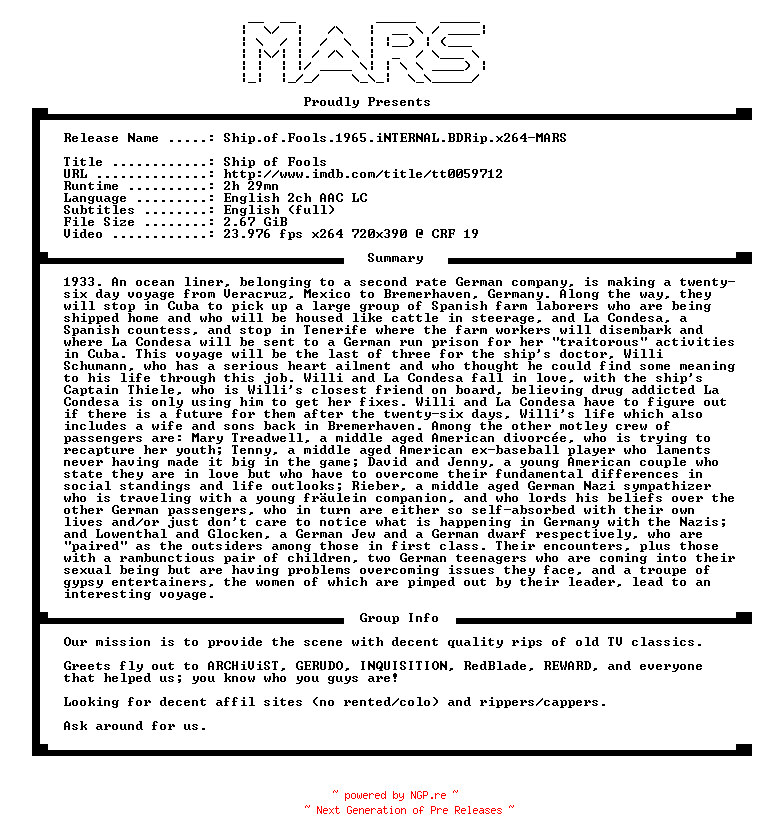 NFO for the release Ship.of.Fools.1965.iNTERNAL.BDRip.x264-MARS by MARS