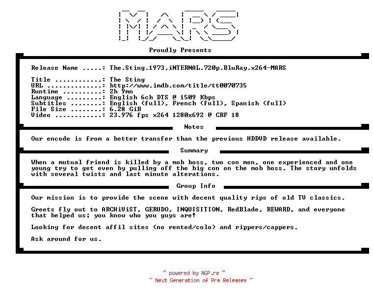 NFO for the release The.Sting.1973.iNTERNAL.720p.BluRay.x264-MARS by MARS