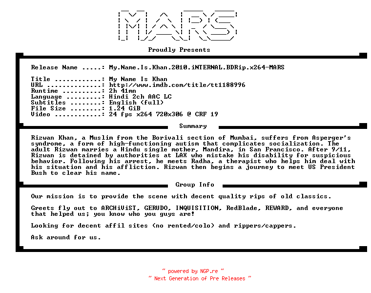 NFO for the release My.Name.Is.Khan.2010.iNTERNAL.BDRip.x264-MARS by MARS