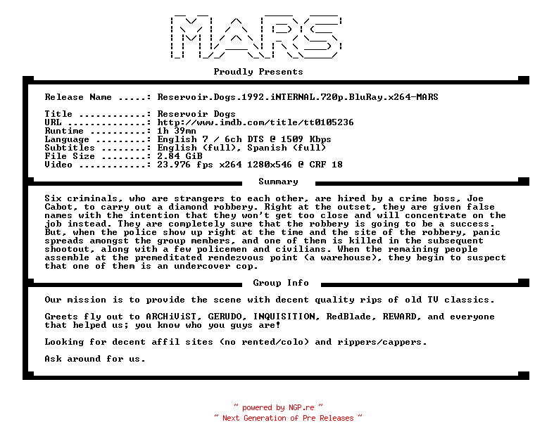 NFO for the release Reservoir.Dogs.1992.iNTERNAL.720p.BluRay.x264-MARS by MARS