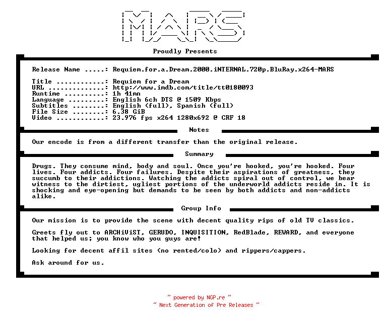 NFO for the release Requiem.for.a.Dream.2000.iNTERNAL.720p.BluRay.x264-MARS by MARS