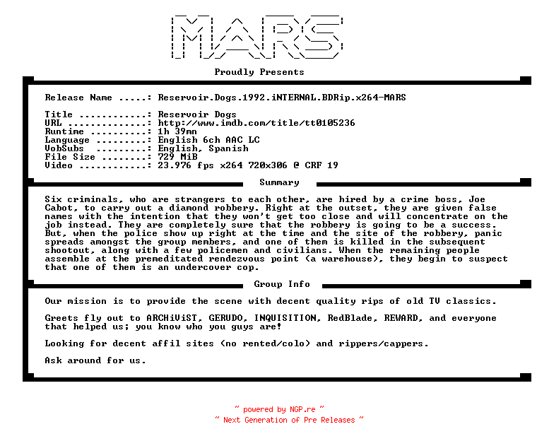 NFO for the release Reservoir.Dogs.1992.iNTERNAL.BDRip.x264-MARS by MARS