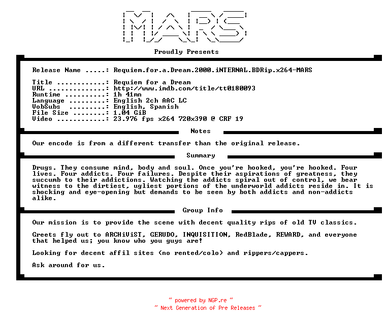 NFO for the release Requiem.for.a.Dream.2000.iNTERNAL.BDRip.x264-MARS by MARS
