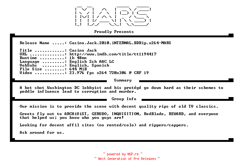 NFO for the release Casino.Jack.2010.iNTERNAL.BDRip.x264-MARS by MARS