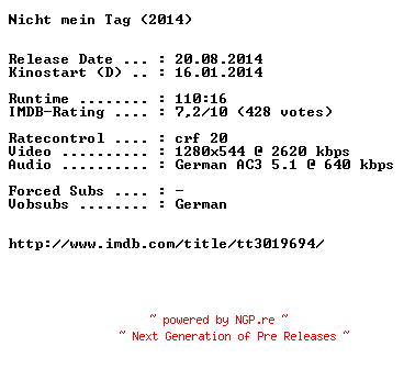 NFO for the release Nicht.mein.Tag.German.720p.BluRay.x264-EXQUiSiTE by EXQUiSiTE