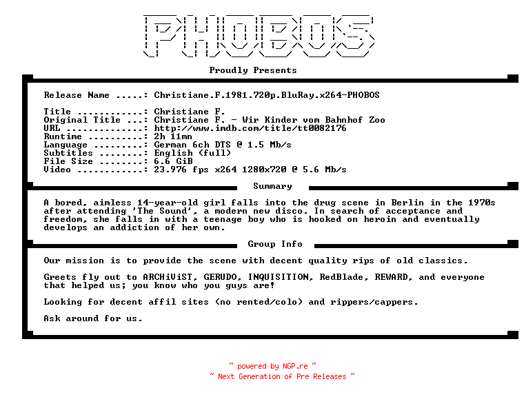 NFO for the release Christiane.F.1981.720p.BluRay.x264-PHOBOS by PHOBOS