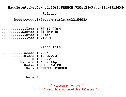NFO for the release Battle.of.the.Damned.2013.FRENCH.720p.BluRay.x264-PRiDEHD by PRiDEHD