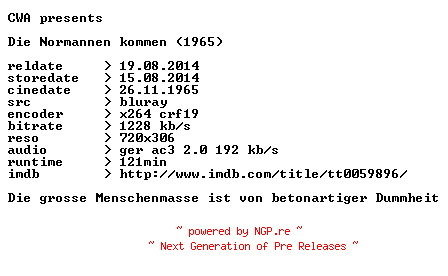 NFO for the release Die.Normannen.kommen.1965.German.BDRip.x264.iNTERNAL-CWA by CWA