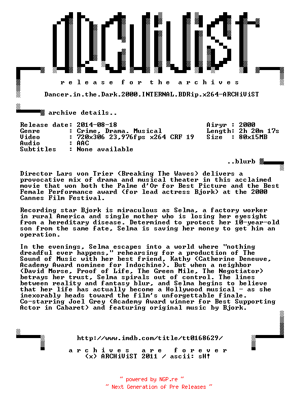 NFO for the release Dancer.in.the.Dark.2000.INTERNAL.BDRip.x264-ARCHiViST by ARCHiViST