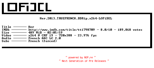 NFO for the release Her.2013.TRUEFRENCH.BDRip.x264-LOFiDEL by LOFiDEL