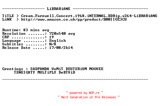 NFO for the release Cream.Farewell.Concert.1968.iNTERNAL.BDRip.x264-LiBRARiANS by LiBRARiANS