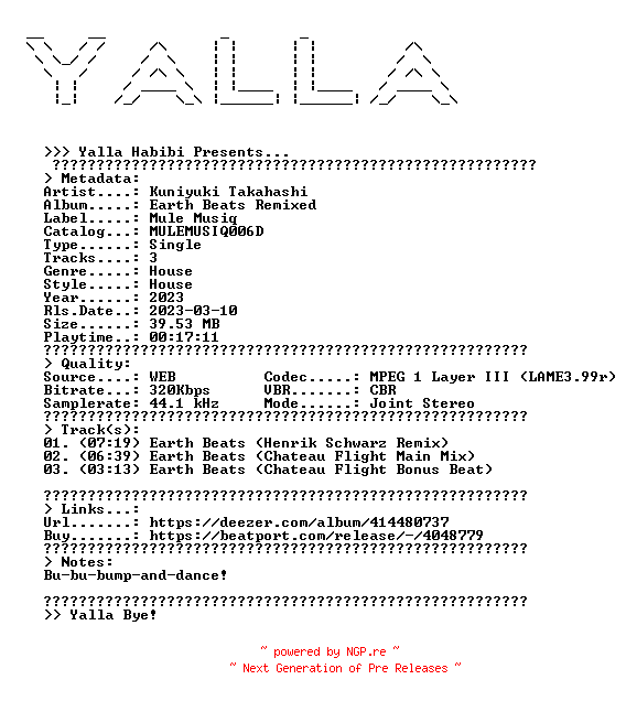 NFO for the release Kuniyuki_Takahashi--Earth_Beats_Remixed-(MULEMUSIQ006D)-WEB-2023-YALLA by YALLA
