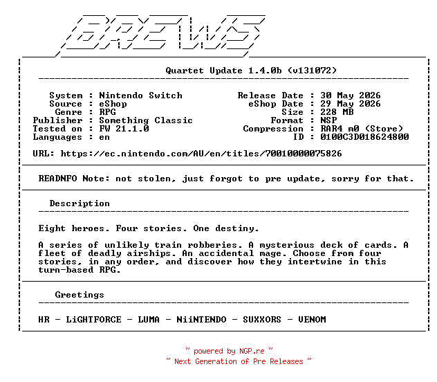 NFO for the release Quartet_Update_v1.4.0b_READNFO_NSW-BREWS by BREWS