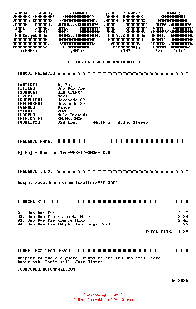 NFO for the release Dj_Pmj_-_Uno_Due_Tre-WEB-IT-2026-UOVA by UOVA