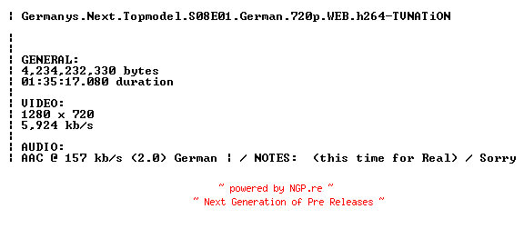 NFO for the release Germanys.Next.Topmodel.S08E01.German.720p.WEB.h264.REPACK-TVNATiON by TVNATiON