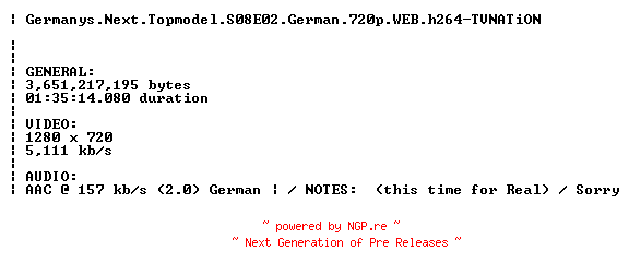 NFO for the release Germanys.Next.Topmodel.S08E02.German.720p.WEB.h264.REPACK-TVNATiON by TVNATiON
