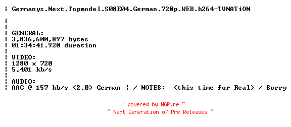 NFO for the release Germanys.Next.Topmodel.S08E04.German.720p.WEB.h264.REPACK-TVNATiON by TVNATiON