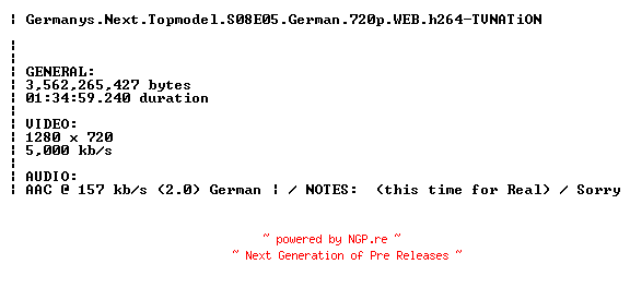 NFO for the release Germanys.Next.Topmodel.S08E05.German.720p.WEB.h264.REPACK-TVNATiON by TVNATiON