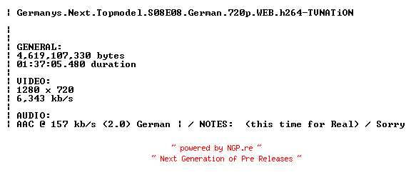 NFO for the release Germanys.Next.Topmodel.S08E08.German.720p.WEB.h264.REPACK-TVNATiON by TVNATiON