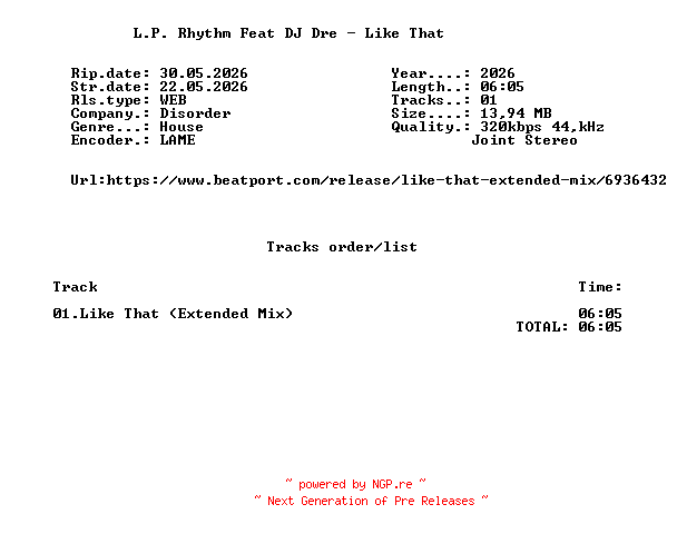 NFO for the release L.P._Rhythm_Feat_DJ_Dre_-_Like_That-(ICLG285B)-SINGLE-WEB-2026-FMC by FMC