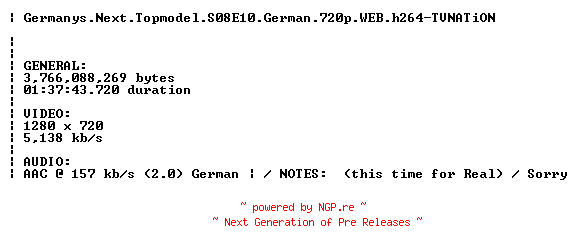 NFO for the release Germanys.Next.Topmodel.S08E10.German.720p.WEB.h264.REPACK-TVNATiON by TVNATiON