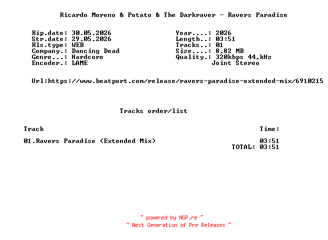 NFO for the release Ricardo_Moreno_And_Potato_And_The_Darkraver_-_Ravers_Paradise-(DD210C)-SINGLE-WEB-2026-FMC by FMC
